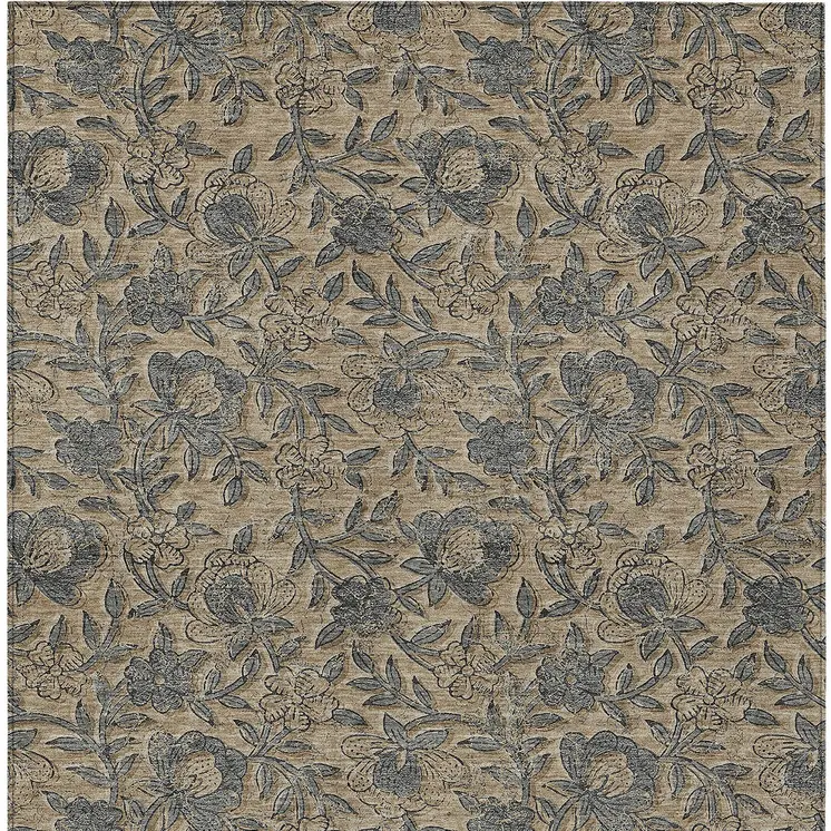 8' X 10' Khaki Beige And Gray Floral Washable Indoor Outdoor Area Rug
