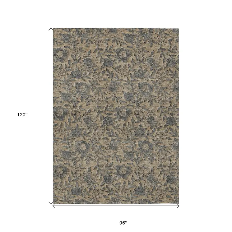 8' X 10' Khaki Beige And Gray Floral Washable Indoor Outdoor Area Rug