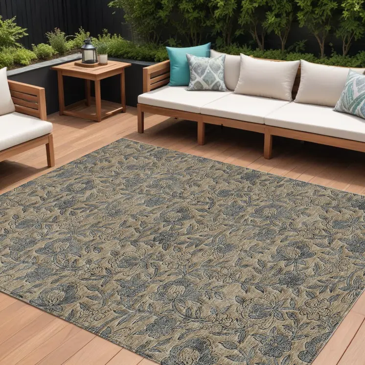 8' X 10' Khaki Beige And Gray Floral Washable Indoor Outdoor Area Rug
