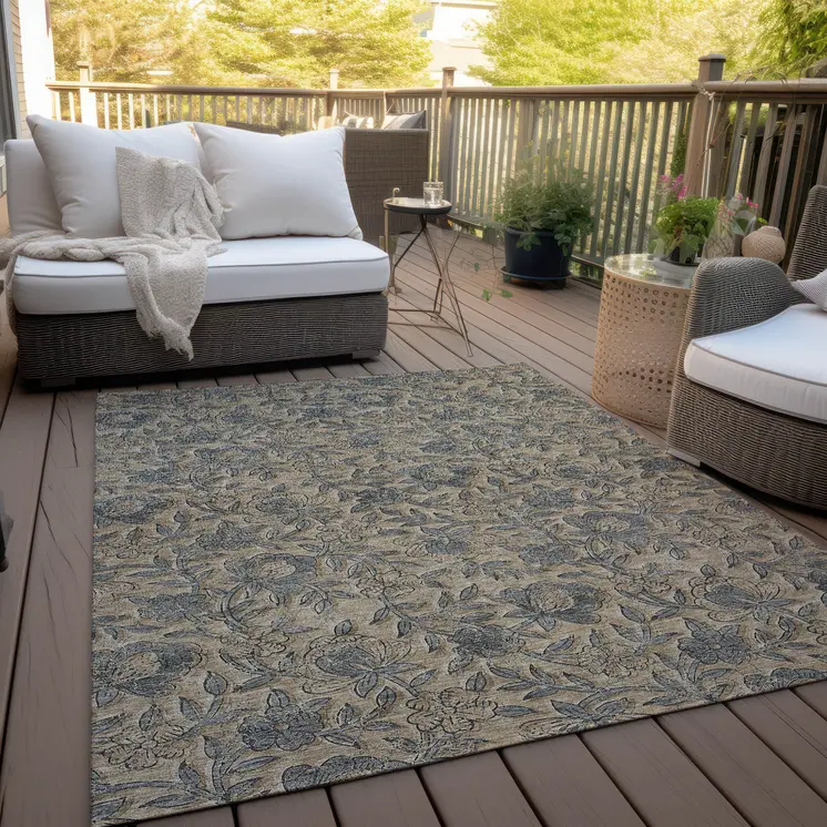 8' X 10' Khaki Beige And Gray Floral Washable Indoor Outdoor Area Rug