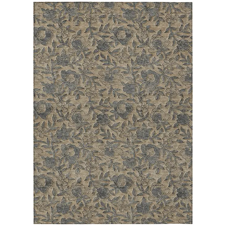 8' X 10' Khaki Beige And Gray Floral Washable Indoor Outdoor Area Rug