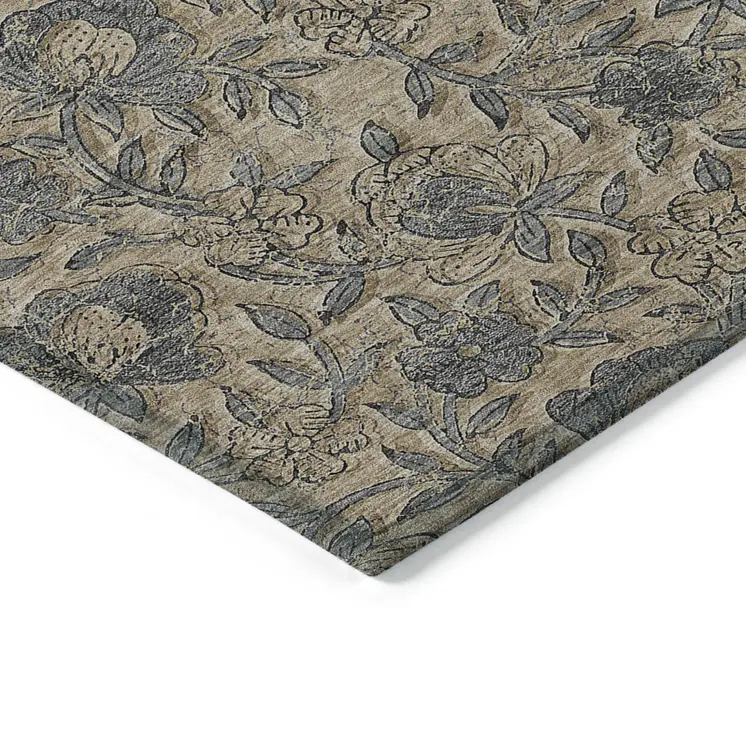 8' X 10' Khaki Beige And Gray Floral Washable Indoor Outdoor Area Rug