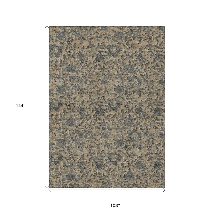 9' X 12' Khaki Beige And Gray Floral Washable Indoor Outdoor Area Rug