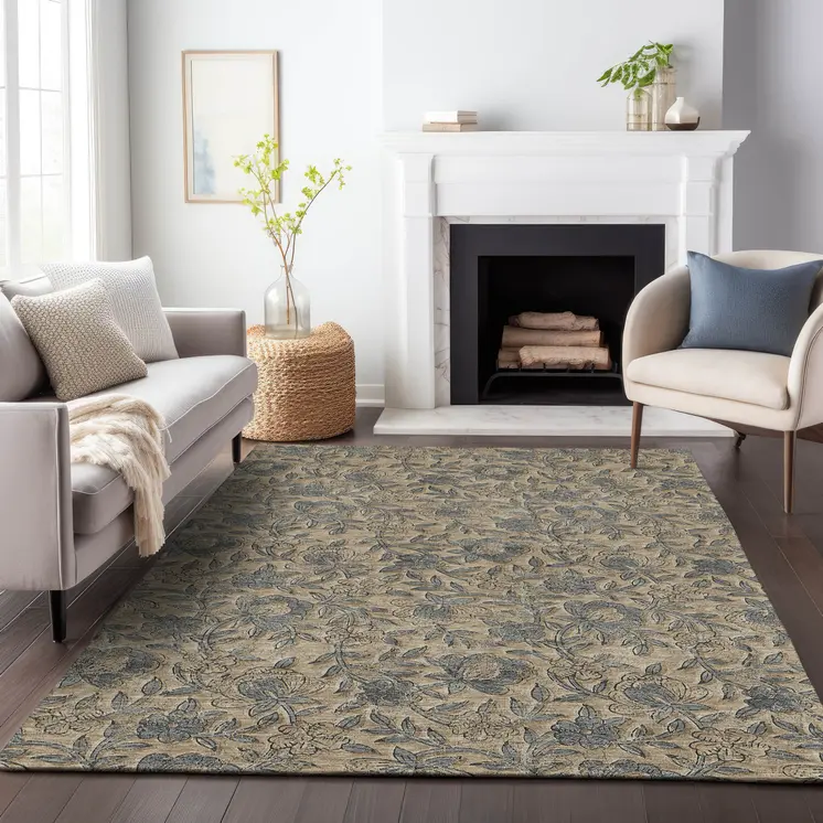 9' X 12' Khaki Beige And Gray Floral Washable Indoor Outdoor Area Rug