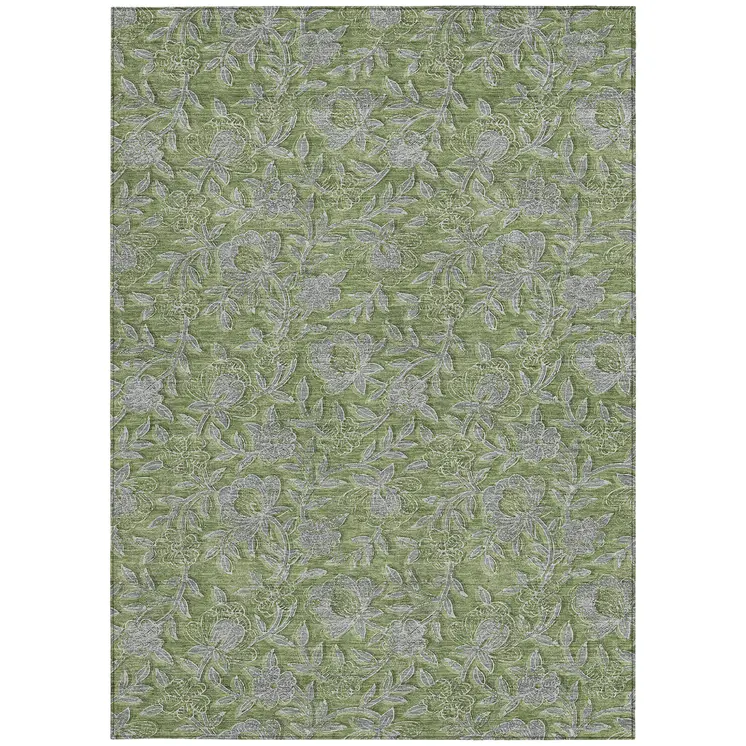 5' X 8' Olive Green And Gray Floral Washable Indoor Outdoor Area Rug