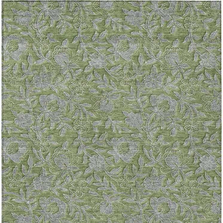 8' X 10' Olive Green And Gray Floral Washable Indoor Outdoor Area Rug
