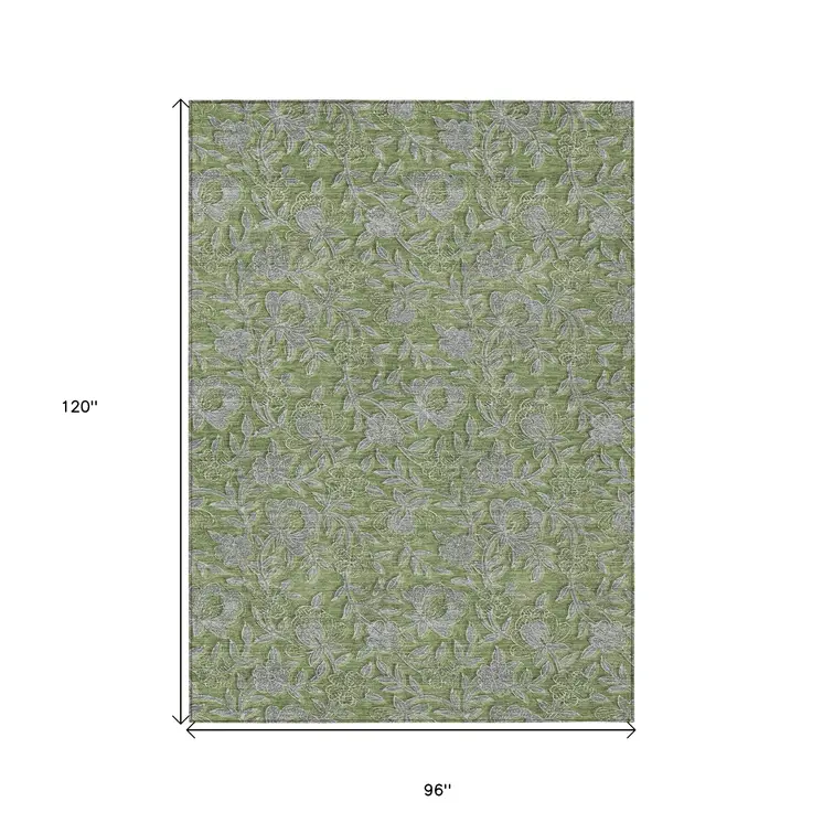 8' X 10' Olive Green And Gray Floral Washable Indoor Outdoor Area Rug