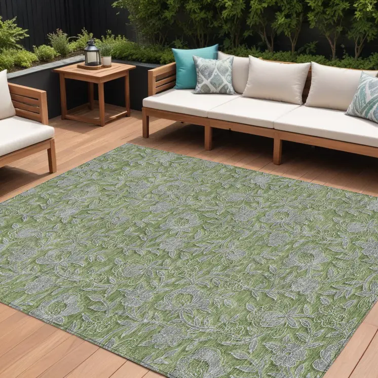 8' X 10' Olive Green And Gray Floral Washable Indoor Outdoor Area Rug
