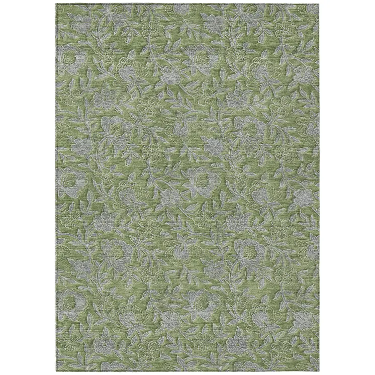 8' X 10' Olive Green And Gray Floral Washable Indoor Outdoor Area Rug