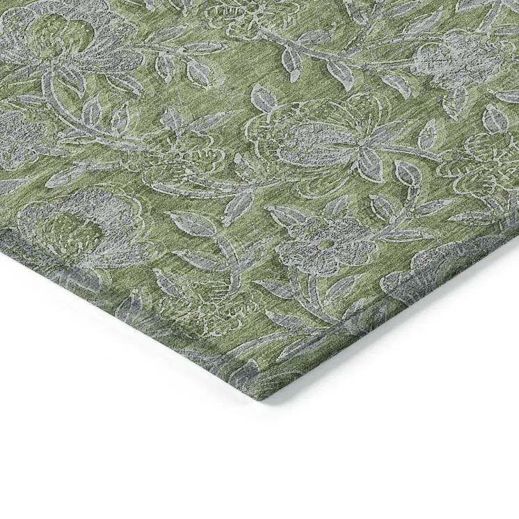 8' X 10' Olive Green And Gray Floral Washable Indoor Outdoor Area Rug