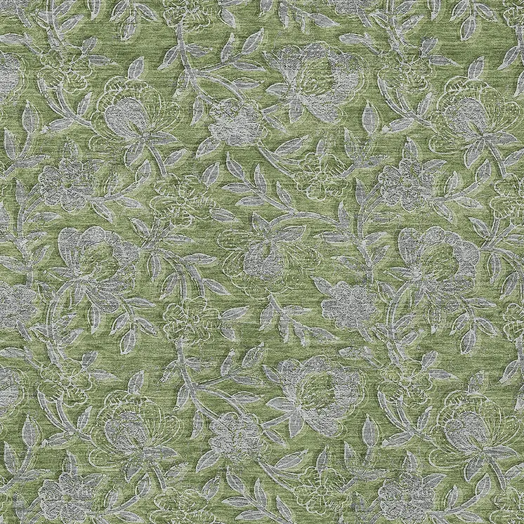8' X 10' Olive Green And Gray Floral Washable Indoor Outdoor Area Rug