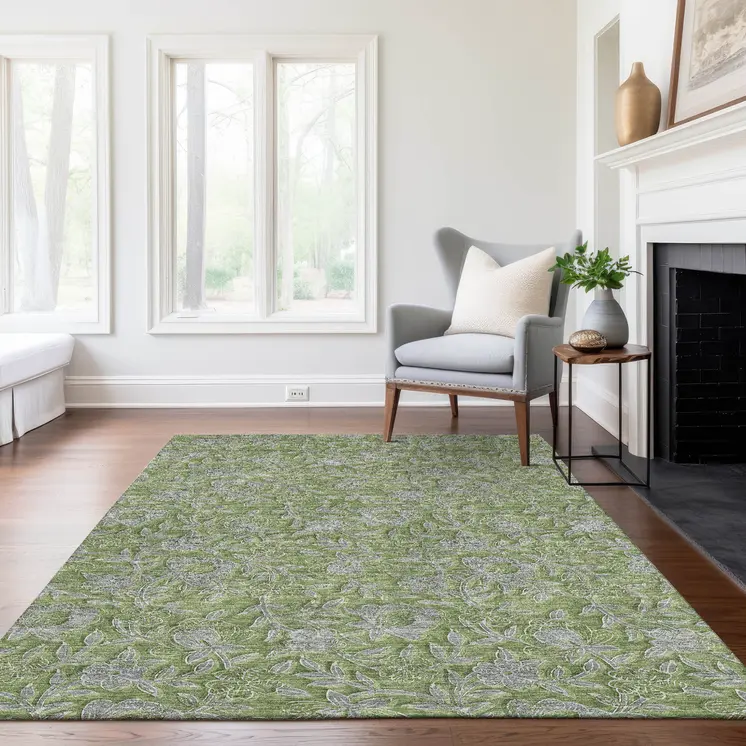 8' X 10' Olive Green And Gray Floral Washable Indoor Outdoor Area Rug
