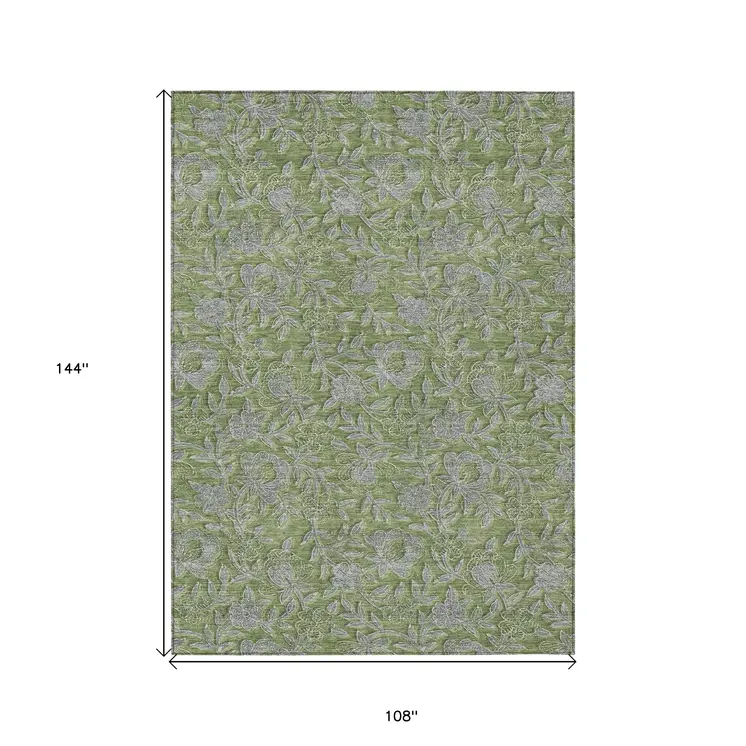 9' X 12' Olive Green And Gray Floral Washable Indoor Outdoor Area Rug