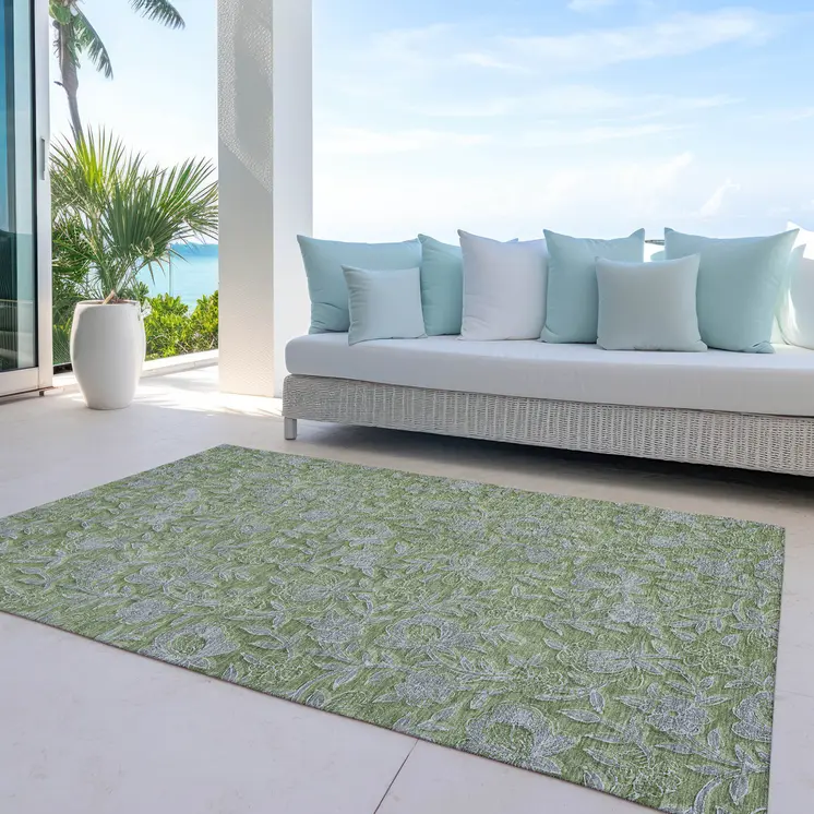 9' X 12' Olive Green And Gray Floral Washable Indoor Outdoor Area Rug