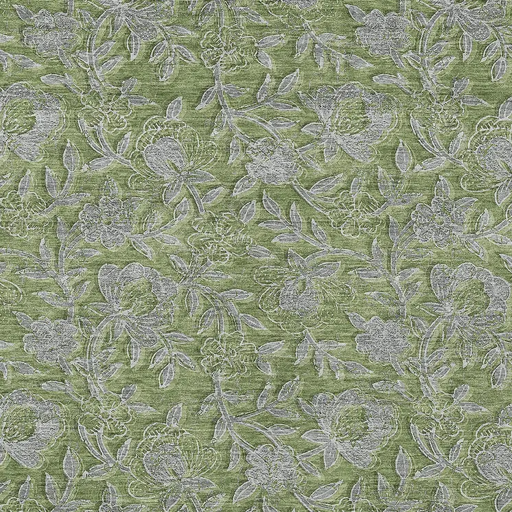 9' X 12' Olive Green And Gray Floral Washable Indoor Outdoor Area Rug