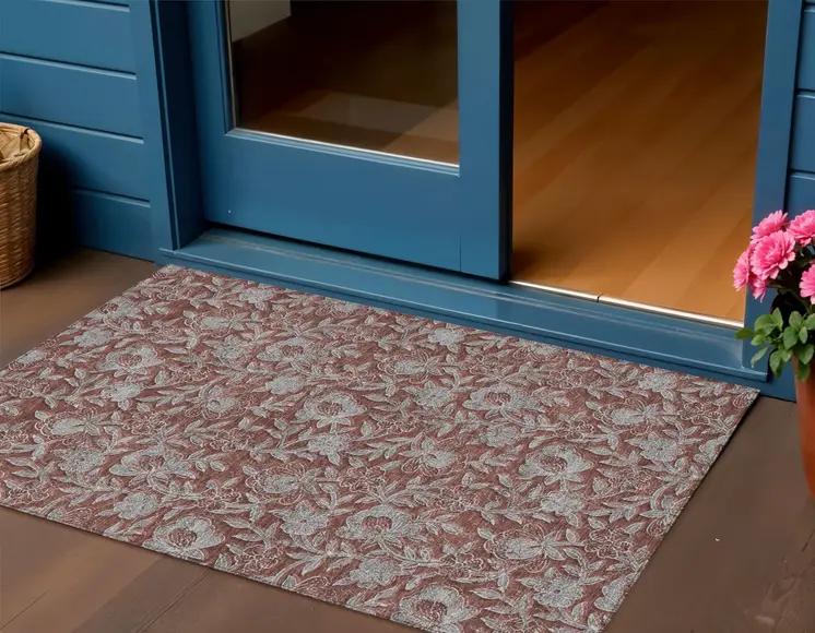 3' X 5' Orange Gray And Silver Floral Washable Indoor Outdoor Area Rug