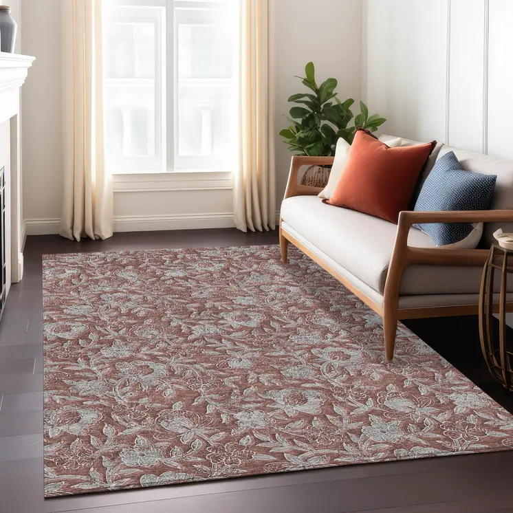 3' X 5' Orange Gray And Silver Floral Washable Indoor Outdoor Area Rug