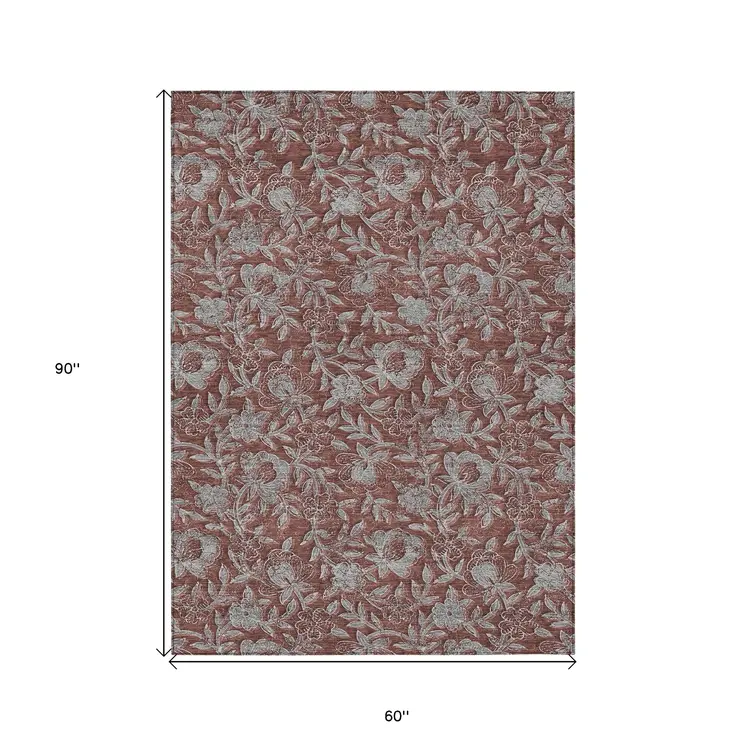 5' X 8' Orange Gray And Silver Floral Washable Indoor Outdoor Area Rug