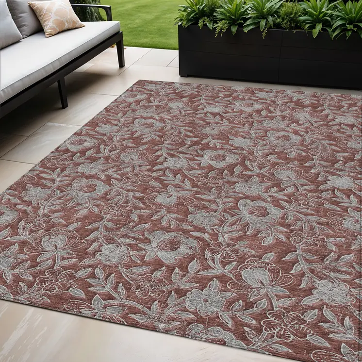5' X 8' Orange Gray And Silver Floral Washable Indoor Outdoor Area Rug