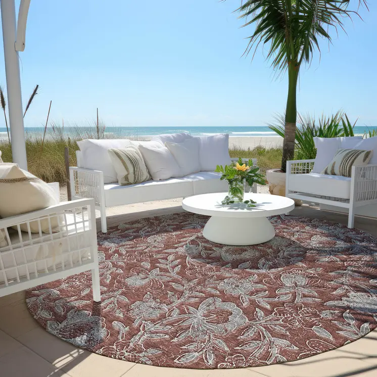 8' Orange Gray And Silver Round Floral Washable Indoor Outdoor Area Rug