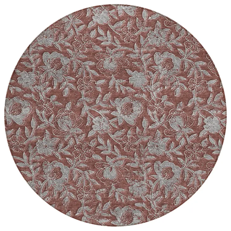 8' Orange Gray And Silver Round Floral Washable Indoor Outdoor Area Rug