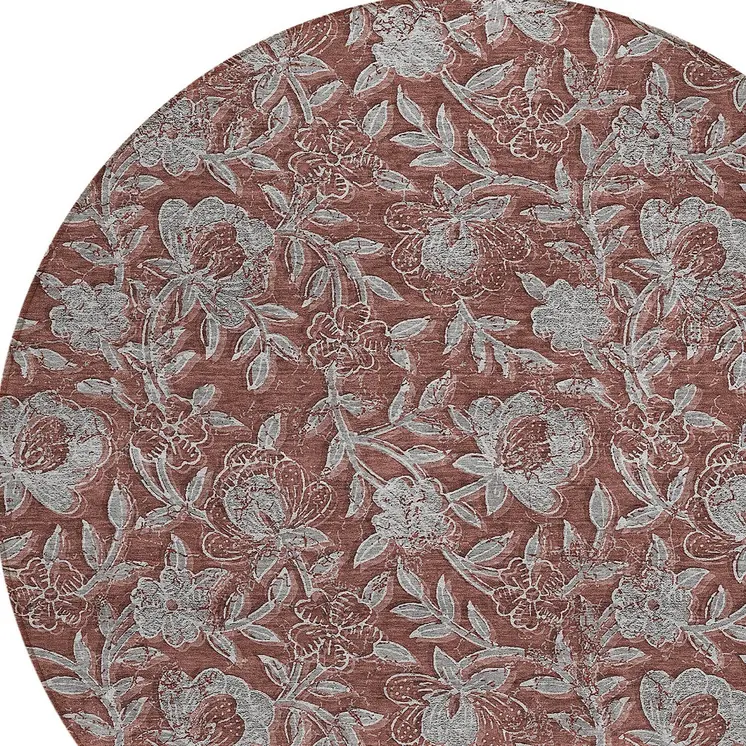 8' Orange Gray And Silver Round Floral Washable Indoor Outdoor Area Rug