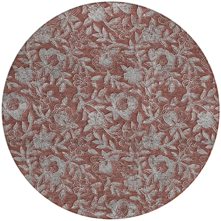8' Orange Gray And Silver Round Floral Washable Indoor Outdoor Area Rug