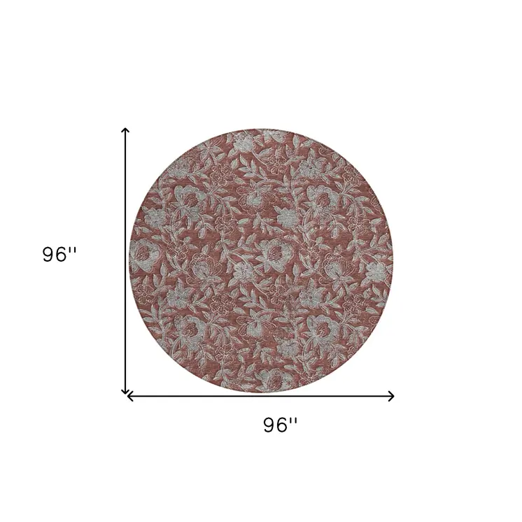 8' Orange Gray And Silver Round Floral Washable Indoor Outdoor Area Rug