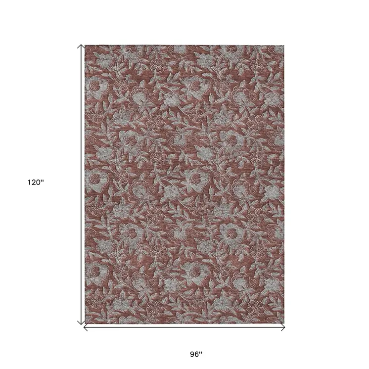 8' X 10' Orange Gray And Silver Floral Washable Indoor Outdoor Area Rug