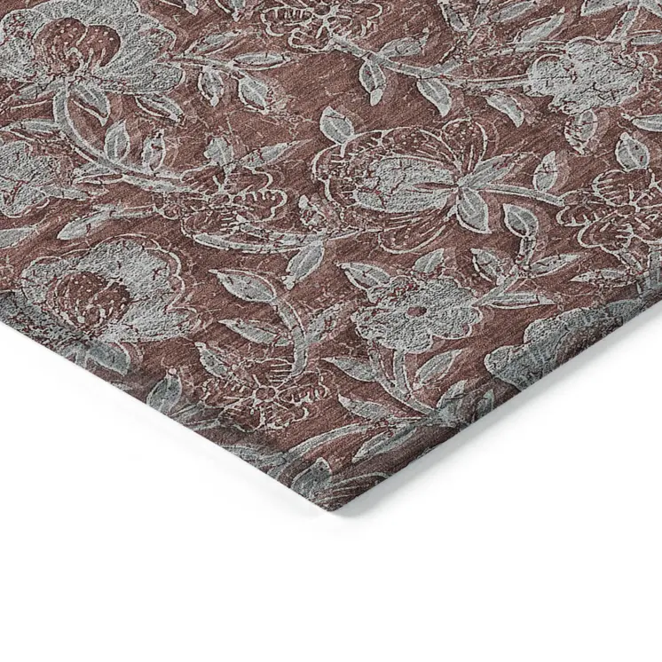 8' X 10' Orange Gray And Silver Floral Washable Indoor Outdoor Area Rug