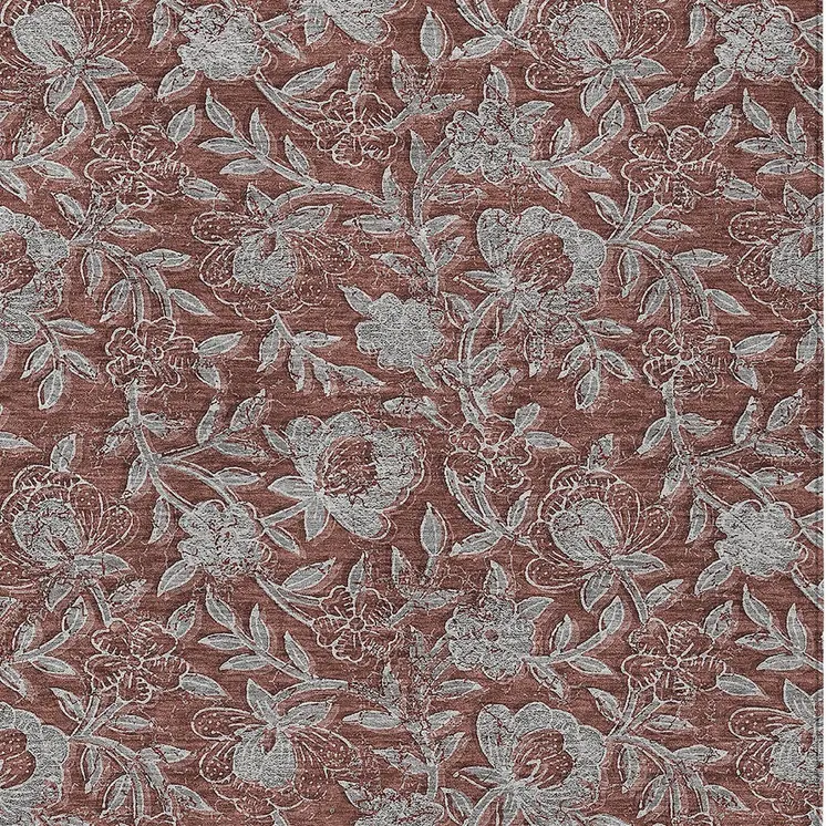 8' X 10' Orange Gray And Silver Floral Washable Indoor Outdoor Area Rug