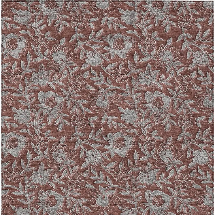 9' X 12' Orange Gray And Silver Floral Washable Indoor Outdoor Area Rug