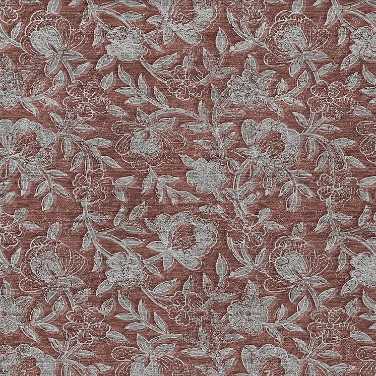 9' X 12' Orange Gray And Silver Floral Washable Indoor Outdoor Area Rug