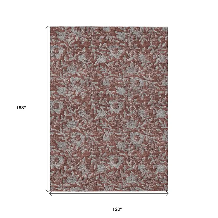 10' X 14' Orange Gray And Silver Floral Washable Indoor Outdoor Area Rug