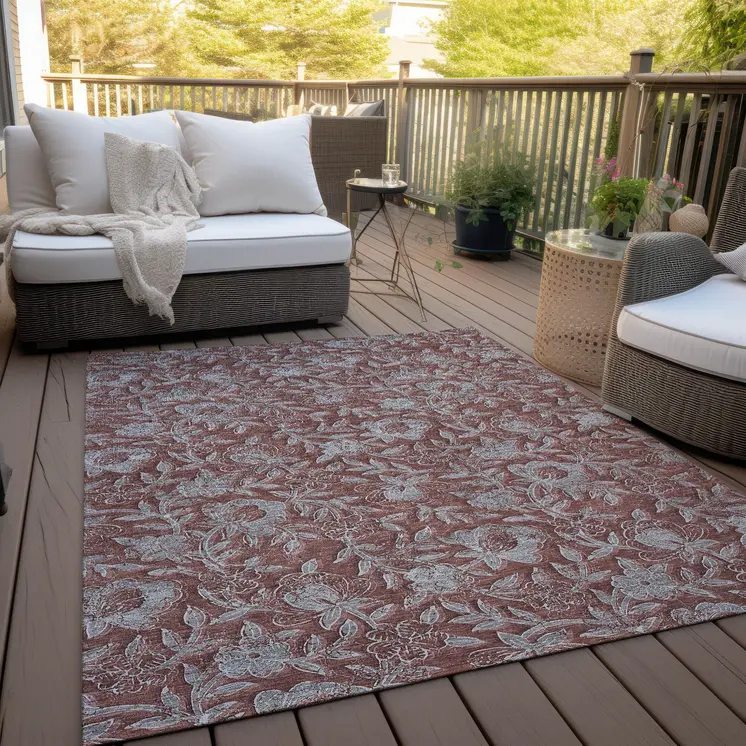 10' X 14' Orange Gray And Silver Floral Washable Indoor Outdoor Area Rug