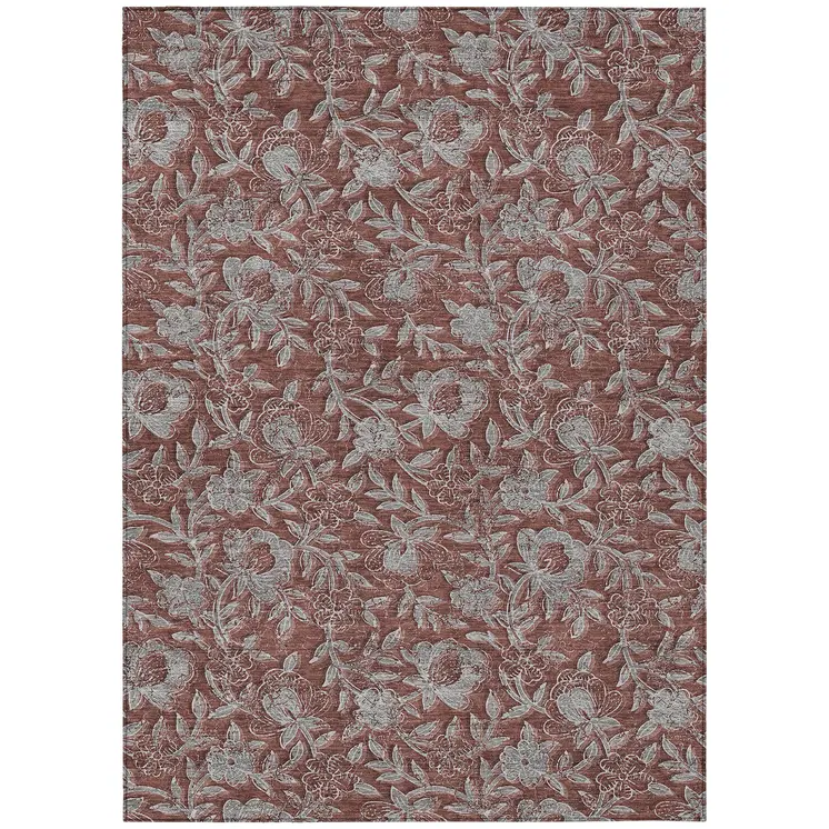 10' X 14' Orange Gray And Silver Floral Washable Indoor Outdoor Area Rug