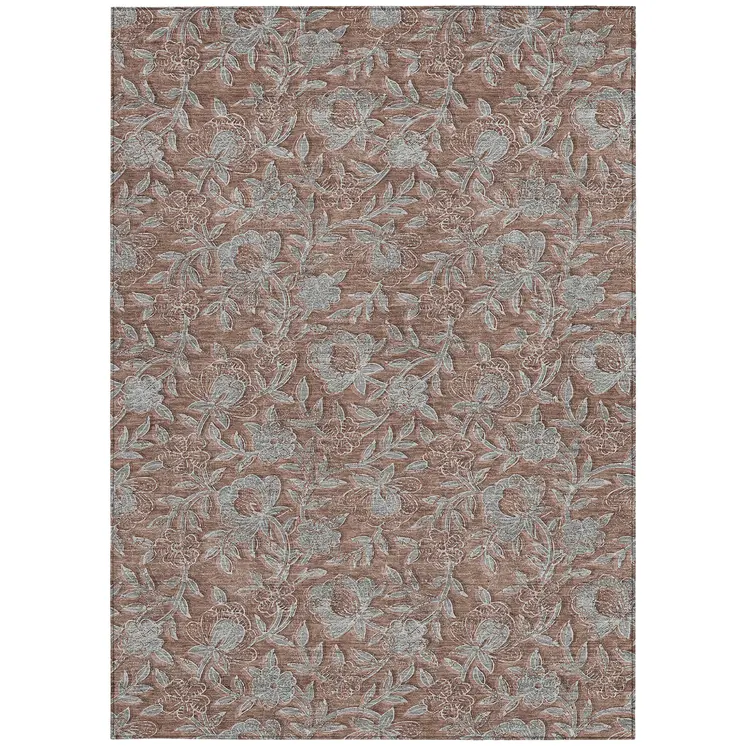 3' X 5' Terra Cotta Copper And Taupe Floral Washable Indoor Outdoor Area Rug