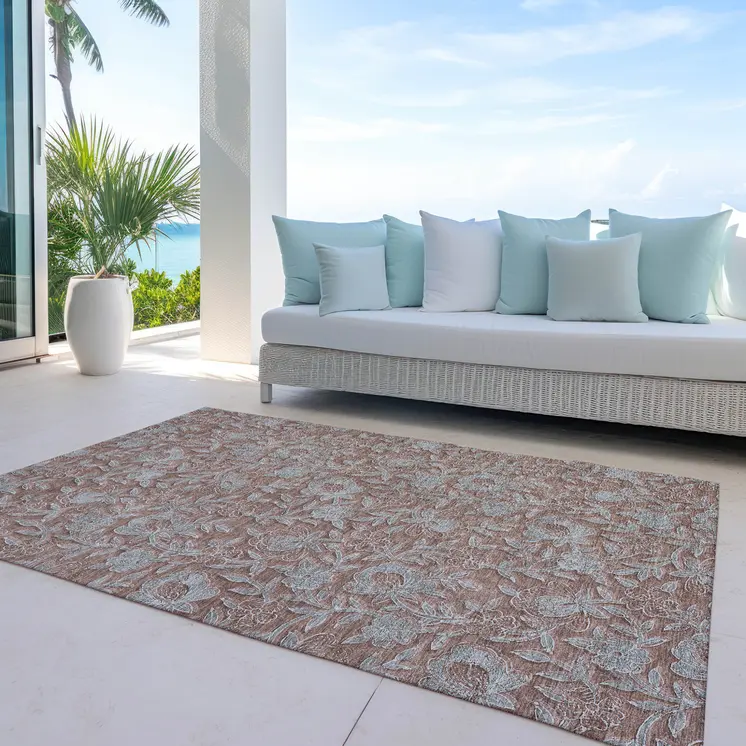 3' X 5' Terra Cotta Copper And Taupe Floral Washable Indoor Outdoor Area Rug