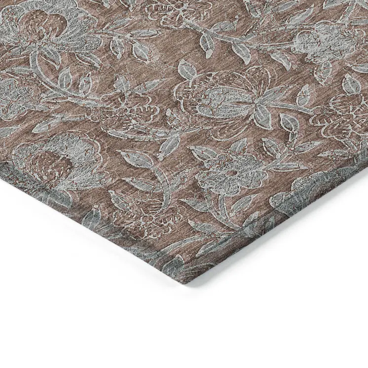 3' X 5' Terra Cotta Copper And Taupe Floral Washable Indoor Outdoor Area Rug