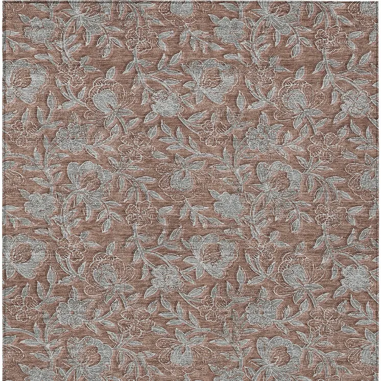 3' X 5' Terra Cotta Copper And Taupe Floral Washable Indoor Outdoor Area Rug