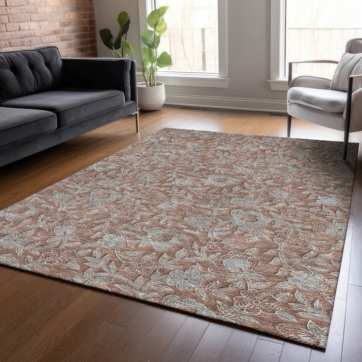 3' X 5' Terra Cotta Copper And Taupe Floral Washable Indoor Outdoor Area Rug