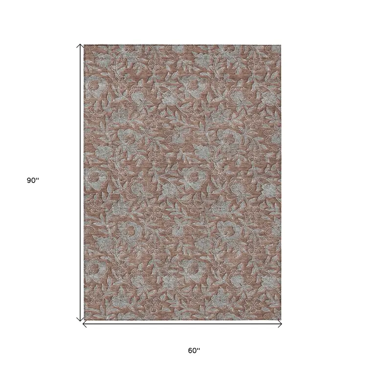 5' X 8' Terra Cotta Copper And Taupe Floral Washable Indoor Outdoor Area Rug