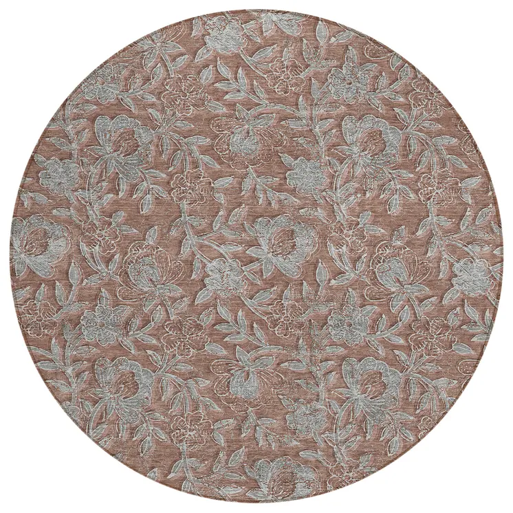 8' Terra Cotta Copper And Taupe Round Floral Washable Indoor Outdoor Area Rug