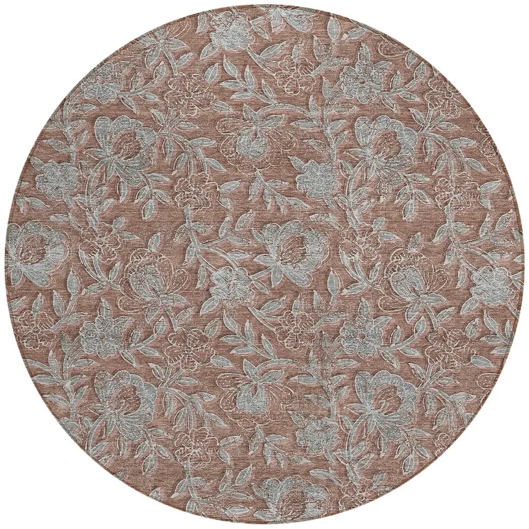 8' Terra Cotta Copper And Taupe Round Floral Washable Indoor Outdoor Area Rug