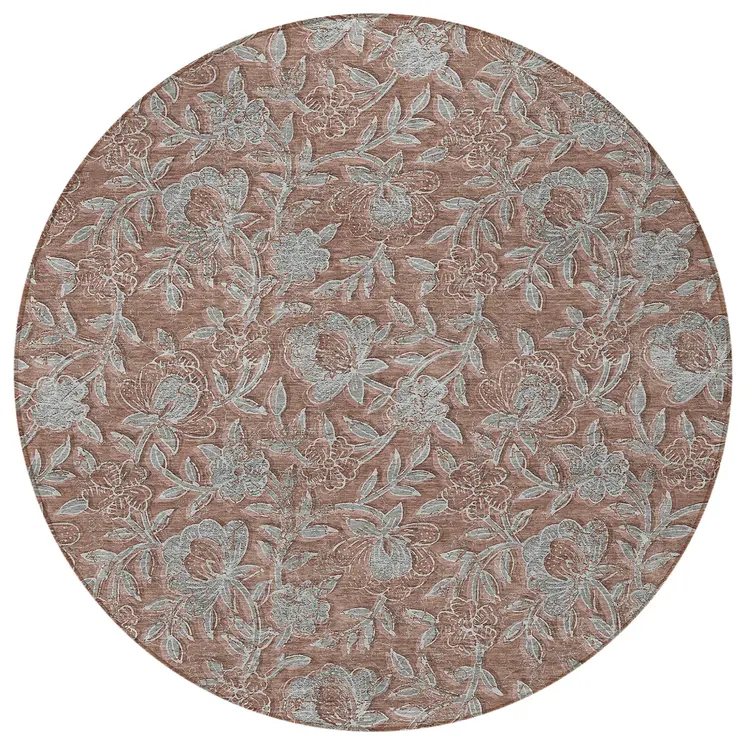 8' Terra Cotta Copper And Taupe Round Floral Washable Indoor Outdoor Area Rug