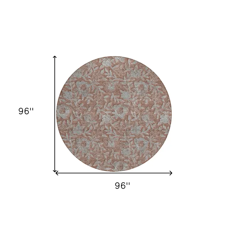 8' Terra Cotta Copper And Taupe Round Floral Washable Indoor Outdoor Area Rug