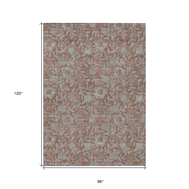 8' X 10' Terra Cotta Copper And Taupe Floral Washable Indoor Outdoor Area Rug