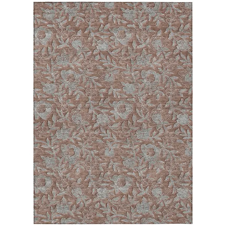 8' X 10' Terra Cotta Copper And Taupe Floral Washable Indoor Outdoor Area Rug