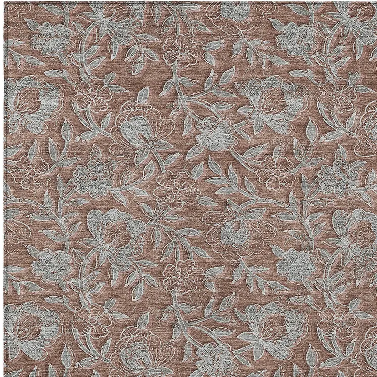 9' X 12' Terra Cotta Copper And Taupe Floral Washable Indoor Outdoor Area Rug