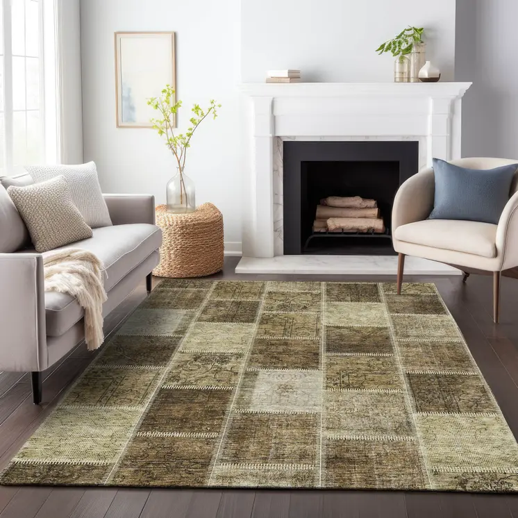 5' X 8' Brown Beige And Taupe Patchwork Washable Indoor Outdoor Area Rug